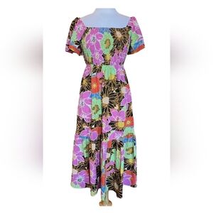 Pinch Pink Smocked Floral Maxi Dress Chic Boho Ruffle Tiered Festival Small